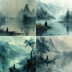 **Minimalist ancient Chinese landscape painting in the style of Ni Zan, poetic and melancholic atmosphere. Sparse trees by a misty riverbank, distant soft mountains fading into haze. A single wet flower petal falls, symbolizing the fading of spring. Tiny solitary figure crouching near the water, quietly observing a kingfisher’s nest and the wings of a dragonfly. Their robe is soaked through by gentle rain. Vast empty space, elegant brushwork, muted ink wash tones of grey and pale green, delicate rainfall, subtle texture of wet paper, tranquil yet cold mood, feeling of solitude and detachment, Ni Zan style composition with large blank areas and sparse scenery --ar 3:2 --v 6.0 --s 800 --chaos 10 --raw** - <@915233207484563488> (fast)