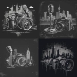 **a logo that is a low detail, high contrast black and white illustration of a smart phone, a microphone and a canon eos style camera behind a city scape. the illustration is in 80s graffiti and white on black --v 6.0 --stylize 500** - <@1061750239708577893> (fast)