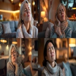 **a cool elegant middle age female school teacher is showing pain in her face . Her eyes are shut and she is sitti,g on her sofa at home. The living room is modern and is warmly lit . 40 mm, realism image, A hyper-realistic, highly detailed daytime scene, atmospheric lighting, volumetric lighting, rich in detail, Leica Q2, photography, high quality, --no blurry, low resolution, cartoonish, unrealistic reflections, distorted, low-poly, washed-out colors, artifacts, overexposed, watermark, --ar 16:9 --v 6.0** - <@1088739679458824253> (fast)