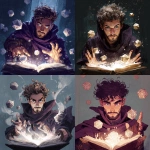 **a d&d character portrait depicting a young man with short brown curly hair, with stubble beard and eletric eyes, wearing a dark purple cloak. he is throwing dice into the air from an open book he is holding, and his hands are glowing white as he casts magic. floating d20s surround him, in a fantasy art style painting. --ar 1:1** - <@568579821861339137> (fast)