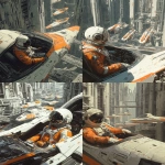 **A pilot in an orange and white spacesuit sitting inside the cockpit of their spacecraft, with other spacecraft parked outside on metal walkways surrounded by tall buildings, in the style of Craig Mullins. --ar 51:64** - <@264129597782753313> (fast)