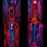 **comic book Cel-shaded anime style with bold clean linework, a long dark hallway lit by deep red lighting, shadows swallowing most details, walls completely covered top to bottom in dense graffiti tags and throw-ups, chaotic layered spray-paint textures, dripping paint, gritty urban atmosphere, high contrast red and black color palette, moody cinematic depth, <https://s.mj.run/PehohFc4Hs8> --ar 16:9 --niji 6** - <@257221362568003584> (fast)