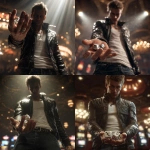 **a photorealistic image of a man with short spiked brown hair in a black leather jacket, white tshirt and jeans, standing in a crowded casino holding 2 dice in his hand palm facing up. Make the man somewhat in shadow. Make it a low angle shot with a spotlight shining down illuminating the dice and the hand holding the dice ar 3:2 --v 7.0** - <@1079878313302048812> (fast)