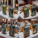 **modern elegant mens cuff links made from polished green dolomite crystal, on display in an art gallery --ar 16:9 --s 750 --v 7.0** - <@1064451214823129168> (fast)