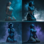 **full-body shot of a beautiful, blue-skinned woman with black hair, wearing spider-like jewelry and , kneeling on the ground. smoke effects, fantasy art style, cinematic lighting, and a blue glow in her eyes create a captivating fantasy character art piece.** - <@450898678975168513> (fast)
