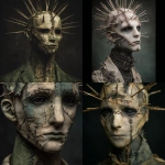 **a front facing mannequin with a few different sized spikes coming from its face, the mannequin has cuts and damage all over its face, male figure, stitches on face, tattered and torn details, dark eyes, very dark background, dark green colors, high detail, horror inspired --v 7.0** - <@702122213033246720> (fast)