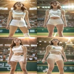 **<https://s.mj.run/IFPVZ7RE-BY> a cinematic ultra-realistic full-body portrait of a beautiful Korean female ceremonial baseball pitcher standing confidently on the mound in a bright stadium, closely referencing thefacial structure, skin tone, and expression** from the image above, wearing atight, stretch-fit sleeveless cropped sports top and short white spandex shorts**, both in ivory or pure white tone, made of thin elastic sports fabric, no logos or text, athletic toned physique, natural confident expression, soft daylight shining across her face and body, blurred cheering crowd in the background, cinematic lighting and vibrant color tone, 9:16 vertical frame --v 6.0 --ar 9:16 --no logo, text, brand, watermark --raw** - <@1404035603569311864> (fast)