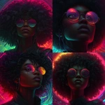 **cyberpunk black female with neon light in the background, pink and blue. She has an Afro and wears glasses that glow --sref <https://s.mj.run/8XXPCG8f0Jg>** - <@1174469651695144981> (fast)