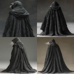 **Back view of a hooded figure in a large textured black cloak, angled slightly to the left. The cloak is heavy and woven, draping fully to the ground, hood up so the face is hidden. A few pale blonde strands of hair slip out from under the hood. The cloak surrounds the body completely, creating a dramatic silhouette. Style is cinematic, moody, realistic, with detailed fabric folds and shadows. Background is clean, minimal, softly blurred in dark neutral tones, suitable for later compositing. --ar 2:3 --v 6.0 --s 800 --no face, no cartoon, no anime, no illustration, no 3d, no text, no gravestone, no background scenery, no props --raw** - <@1244098075421708410> (relaxed)