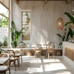 **A minimalist tropical restaurant design, seamless indoor-outdoor flow, white concrete walls, warm wood slats, lush indoor plants, rattan furniture, soft natural sunlight, serene atmosphere, architectural visualization --ar 3:2 --v 6.0** - Image #3 <@1296729788215595112>