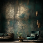 **Dark green and gold vintage wallpaper with a metallic sheen, intricate patterns, and a luxurious feel, set in a dark room. An elegant armchair and coffee table sit in front of the wall, with soft lighting casting gentle shadows on the textured surface. --v 7.0 --ar 63:74** - Image #4 <@1313000520759377972>