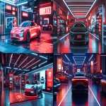 **A futuristic Chinese electric car showroom inside a mobile app interface, with sleek EVs like BYD, Xiaomi SU7, and XPeng G9 showcased on phone screens, vibrant summer sale banners, Arabic and English price tags, digital shopping carts, glowing UI elements, high-tech and global ecommerce vibes style: modern, realistic, clean lighting, AliExpress branding colors (red and white), --ar 40:21** - <@1076542280703410326> (fast)