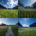 **the view from on the field of a small football stadium in the style of EA FC. Green grass, clear blue skies. --ar 16:9 --v 7.0** - <@847316063481102406> (fast)