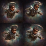 **make a detailed full body renaissance painting of a middle eastern baby baby(with no wings) flying in mid-distance in outerspace, with a ring nebula behind him. it's important to see the texture in the painting. the baby has brown skin, green eyes and has a keffiyeh around his neck. we can see the full body of the baby. shot with 24mm wide-angle lens** - Variations (Strong) by <@1004567301909118977> (fast)