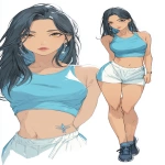 **<https://s.mj.run/fzRIC-MyvFA> concept art of young anime female with long straight black raven hair, amber anime eyes, detailed soft expression, cerulean sports top outlining her toned figure, athletic build, belly is covered by athletic shirt, exercise formfitting silk sofee shorts that are light blue with white outlines, exotic jeweled emblem, small fishbone tattoo on her upper left arm, cute athletic shoes with a dark color and corporate logo, attractive influencer, athletic build, thick thighs save lives, two tone shading, two tone coloring, multiple poses, prominent hips and backside, slender waist, various poses, shy yet some confidence, professional lineart --ar 20:33** - Image #2 <@299714843269791752>