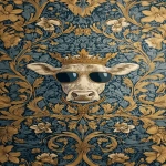 **<https://s.mj.run/0GMbnBQLfYo> william morris wallpaper design of humanoid cows wearing sunglasses and wearing a crown, using 3 colours only --no birds --iw 3 --ar 13:25 --v 7.0** - Image #3 <@1103975769467789322>