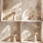 **Studio-style interior photo for furniture catalog use. A single empty plant stand or pedestal centered in the frame. The pedestal is completely empty. No items on top. No plants. No decor. No accessories. No objects of any kind on the stand or surrounding surfaces. Minimal boho interior design. Light neutral palette (off-white, soft beige, pale wood). Simple plaster wall background. Clean floor or tabletop surface with nothing placed on it. Bright diffused studio lighting, flat, even illumination, no directional light, no visible shadows, low contrast. Symmetrical composition, centered framing, large negative space, product documentation photography style, furniture design catalog aesthetic, DSLR quality, 50mm lens. --ar 4:3 --v 6.0 --chaos 0.5 --raw** - Variations (Strong) by <@1090435486935433258> (fast)
-# Create, explore, and organize on [midjourney.com](<https://midjourney.com/imagine?from_discord=1>)