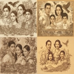 **Light sepia background, Filipino family portrait: man in barong Tagalog, woman in terno dress with butterfly sleeves, girl in baro’t saya holding a parol (star lantern), boy in camisa de chino with tribal tattoo. Diverse Filipino facial features, traditional clothing details, duo-tone sepia rendering focused on their eyes and faces. Bottom border: fine, detailed sketch in duo-tone sepia of Mayon Volcano, Chocolate Hills, Vigan Spanish houses, Intramuros gate, colorful jeepney (front view), Philippine eagle in flight, tarsier in foliage, bangka boat, and rice terraces, all seamlessly combined in a continuous landscape. Aspect ratio: 26:21 --ar 26:21 --v 7.0 --raw** - <@784634744074665994> (fast)
-# Create, explore, and organize on [midjourney.com](<https://midjourney.com/imagine?from_discord=1>)