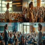 **a cool elegant middle age female school teacher is giving a math class to a large group of pupils. in her classroom. she is standing back to her pupils trying to hide the discomfort and pain she is feeling in her legs. The classroom is modern, brightly lit and warm. 65 mm, realism image, A hyper-realistic, highly detailed daytime scene, atmospheric lighting, volumetric lighting, rich in detail, Leica Q2, photography, high quality, --no blurry, low resolution, cartoonish, unrealistic reflections, distorted, low-poly, washed-out colors, artifacts, overexposed, watermark, --ar 16:9 --v 6.0** - <@1088739679458824253> (fast)
