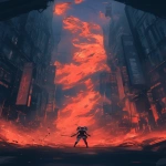 **tiny silhouette of Harley Quinn standing in the middle of a vast shattered city street, glowing red smoke and sparks filling the air, her bat dragging along the ground leaving a red streak, chaotic and cinematic little person big space style, emotional and striking, space for lyrics --ar 9:16 --niji 6** - Image #2 <@257221362568003584>