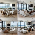 **ultra-realistic photograph of a coastal modern open floor plan living room in Manhattan Beach, California, warm oak wide plank hardwood floors, large black-framed windows with panoramic ocean and beach view, Restoration Hardware modern-inspired neutral palette, plush L-shaped sectional rotated so one side faces the ocean and the other faces a sleek TV above a limestone fireplace, layered grass cloth and Persian area rug, stone coffee table, leather lounge chair, wood rectangle couch table with lamp and fresh flowers and books on top, textured throw pillows, soft ambient natural daylight, sculptural chandelier, layered organic textures, styled for a luxury interior design Instagram post, straight-on wide-angle lens, full view of space including ocean view and TV wall, center fireplace, remove table next to chair, photorealistic details, depth, natural shadows --v 6.0 --raw --ar 13:10** - Remix (Strong) by <@1339375378858381312> (fast)