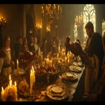 **grand medieval banquet hall with nobles feasting; servants carrying roasted exotic birds with feathers still attached; golden candlelight; cinematic realism --ar 16:9 --v 6.1** - Image #2 <@1168965155363762248>