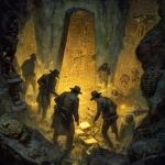 **college archaeology team exploring an underground nephilim temple. magazine cover horror art painting. mystical hieroglyphs, golden artifacts, megalithic** - Image #1 <@1071816075978752071>