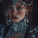 **close-up of a high fashion model wearing intricate iridium necklace, earrings, bracelets, and hair decorations, --v 7.0** - Image #1 <@559099678189289495>