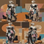 **A collage of an ancient Greek statue wearing modern Halloween fashion, standing in the Egyptian Museum in The Valley of Rosicrucian. She wears a black, white, pink, blue and grey patterned dress in the style of Gucci and her black cat and pumpkin next to it. A mahogany geometric graphic design inspired in the style of Thomas Gainsborough, using newspaper and other midjourney swag materials, flat perspective, muted colours, digital art techniques, mixed media, high resolution. --ar 57:88 --v 7.0 --s 250** - Variations (Strong) by <@1007106543935823902> (relaxed)