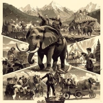 **monochrome multipanel horror elements, professor Hannibal, crossing the alps on circus elephants, Bronze Age adventurers cook dungeon monsters amid political intrigue awakening primordial titan, black knight with sword and leged marmaid with echo gun --niji 7** - Image #1 <@917327632763322368>