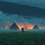 **A green field covered in fog, fire from medival huts in the background illuminate the sky, a Aknight stands center frame staring into the distance** - Image #3 <@647094775748493312>