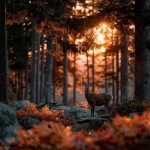 **an award-winning photograph of an autumn forest in the northeast golden hour lighting, sun shining through the forest canopy, a lone deer looking straight towards the perspective of the photographer --s 750** - Image #2 <@1337031420089995355>