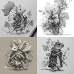**mouse carrying a big leaf, body wrapped in vines and florals, pencil sketch --v 7.0** - <@1202707032818458747> (fast)