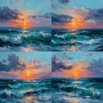 **Palette knife abstract painting with thick oil textures, depicting a sunrise over the sea. The scene features blue-green ocean waves and the warm orange-red glow of the rising sun. The artwork emphasizes bold, heavy paint application with strong depth, rich layering, and highly textured details, creating a dynamic and dimensional visual effect. --ar 16:9** - Variations (Strong) by <@1087015770053148784> (fast)