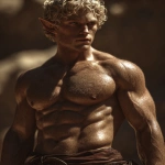 **Realistic 3d rendering. Full body portrait of ruggedly handsome, Hyper muscular handsome elf, bright silver eyes, short curly blonde hair, short pointed ears, defined muscles, pronounced features, hyper muscular, wide Grecian nose, strong square jaw, defined cheek bones, masculine features, freckles. Bodybuilder. wearing a tight short leather skirt. His oiled skin glistens under intense studio lighting. A strong camera flash highlights the shine on his muscles, creating bright reflections on his body, arms, and thighs. Retro fitness photography style, slightly exaggerated lighting contrast, 90s magazine aesthetic, center-framed, studio portrait shot. Standing and posing in a sunny rocky field. --ar 5:6 --v 7.0** - Image #2 <@1222981214734913607>
