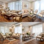 **interior design of a model unit showing the living area in french country style. walnut wood floor. light brown 3-seater sofa. french provincial lounge chairs. sheer white curtains.** - <@1231814052913877045> (fast)