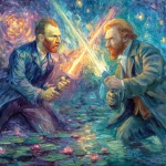 **A vibrant clash of styles unfolds as Van Gogh, rendered in swirling cobalt brushstrokes and textured impasto, duels with Monet’s translucent saber-wielding figure bathed in soft pastel light, their blades sparking amid a fractured landscape of starry skies melting into water lily ponds. --s 250** - Image #1 <@908623560245911562>