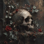 **an old grungy photograph on a skull with vines, ivy and roses growing out of it onto an old gothic castle wall, dark moody vibe, muted colors with pops of red** - Image #2 <@424564814052851715>