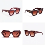 **a pair of geometric cat-eye sunglasses with bold thick temples, inspired by the Aries zodiac sign, made of deep burgundy acetate with a subtle marble texture, gradient reddish-brown lenses, no decoration on the lens, temples feature engraved Aries glyph in gold and a small raised metallic stud, the frame has a sharp and angular upper edge, the temples are wide and sculptural, slightly architectural, minimal background, product photography, studio lighting.** - <@1165771024147685377> (fast)
