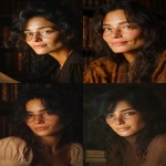 **<https://s.mj.run/2kxYZOqHs-k> photo of Silvana sitting in a cozy, dimly lit library, wearing stylish reading glasses, focused on a thick classic book, a subtle, knowing smile on her face, realistic skin texture, photorealistic --ar 2:3** - <@1192150412975947806> (fast)
