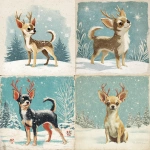 **A Chihuahua (from the reference image) illustrated in a retro mid-century Christmas style, depicted as a young reindeer with antlers in a snowy winter scene. Soft vintage textures, hand-painted look, nostalgic holiday aesthetic, classic 1950s Christmas card illustration style --v 7.0** - <@776899577458589780> (fast)