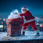 **Night rooftop scene, full-body Santa Claus standing firmly on a snowy roof beside a brick chimney. The chimney is slightly soot-stained and darkened from use, with subtle burn marks and uneven brick texture. Santa is struggling with a massive, heavy red velvet sack, gripping it with both white-gloved hands, actively shaking and forcing the sack toward the chimney opening, trying to dump the contents inside. The sack is overflowing with identical transparent acrylic trophies thick, solid, beveled, exactly matching the reference design. Several trophies are visibly stuck halfway inside the sack opening. A few identical trophies have already fallen out and lie scattered on the snow beside the chimney. One single trophy is clearly outside the sack, resting on the snow, partially covered with fresh snow crystals. Snow is disturbed around Santa’s boots: visible footprints, compressed snow, dragged fabric marks from the sack. Fine snow particles cling to the velvet fabric and trophy edges. Background: blurred night city skyline, distant bokeh lights, starry winter sky, gentle snowfall. Lighting: cinematic winter night lighting, cold blue ambient city glow + soft directional key light, realistic shadow falloff, imperfect reflections, slight lens bloom on highlights. Material realism: fingerprints on acrylic, micro scratches, light condensation, uneven snow accumulation. Photographed realism, not stylized, not CGI-clean. Shot on Nikon D850, 85mm, f/2.2, ISO 800, 1/200s, shallow depth of field, subtle film grain. --ar 4:5 --v 7.0 --raw --oref <https://s.mj.run/SB-W-zigDmg>** - Image #4 <@1239955832326586419>