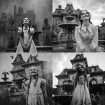 **a black and white photo-realism of a young girl, in ragged white dress, and heavy, dark makeup. she is standing in front of a haunted looking, victorian style house with a fountain and gargoyles. she is looking upwards and grinning. eerie, unsettling.** - <@376196082390138880> (fast)