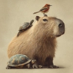 **realistic photo of a capybara with a turtle next to him and a bird on the capybara's head.** - Image #1 <@1340376758884634665>