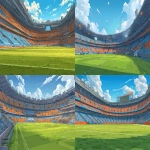**a large football stadium with lush green grass, the stands filled with fans in orange and blue seats, a bright sunny day, in a realistic cartoon style. --ar 16:9** - <@847316063481102406> (fast)