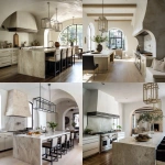 **stucco hood with paint grade shaker style with taj mahal countertops with a statement linear chandelier, modern mediterranearn style joseph dirand style** - <@1109893973255934002> (fast)
