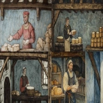 **Medieval illuminated manuscript scene depicting weary man in medieval clothes standing inside a bakery with flour on his face and hands; rough wooden beams above, flat perspective, rich saturated colors, delicate black outlines, 14th century European manuscript style, parchment texture, simplified stylized figures with pale complexions and rosy cheeks, architectural background with blue-gray walls, minimal shading, historical accuracy, --ar 16:9 --v 6.1 --raw** - <@1168965155363762248> (fast)