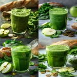 **Close-up of a vibrant green smoothie in a clear glass, thick and fresh with visible texture, surrounded by fresh spinach, kale, and sliced green apples, natural morning light, soft shadows, in the background a rustic French baguette and a small bag of centimes coins spilling slightly, clean and minimal kitchen setting, health and wellness vibe, Pinterest vertical format --v 6.0 --ar 3:4 --raw** - <@1289684291994779678> (fast)