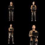 **a female software developer holding a laptop, wearing torn jeans, t shirt over long sleeve shirt, pure black background --sref <https://s.mj.run/YYNlkkGrAA0> --v 7.0** - <@679709826716270628> (fast)