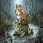 **cartoon of a ginger tabby cat, riding a giant brain frog, through a misty marsh, --ar 16:9 --v 7.0 --p c6gvkbp** - Image #1 <@404556944502685697>
